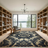 Distressed Black Rose Damask Area Rug