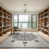 Black Mandala Lotus Area Rug on Cream