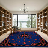 Navy Blue Persian Medallion Area Rug with Red Feathers