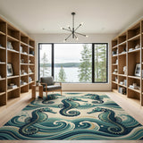 Teal Seahorse Waves Area Rug