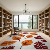 Vibrant Orange Monstera Leaf Pattern Area Rug