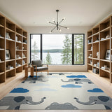 Playful Grey Elephants Blue Clouds Kids Area Rug