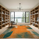 Vibrant Orange Palm Frond Geometric Area Rug