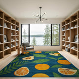 Vibrant Fruit Slice Area Rug with Oranges Peaches on Blue