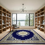 Blue and Teal Navy Blue Ornate Gold Medallion Area Rug