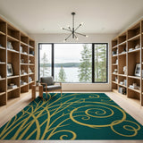 Golden Swirling Vines Teal Area Rug