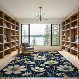White Cosmos Floral Area Rug on Navy