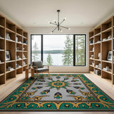 Ornate Green Gold Sunburst Persian Medallion Rug