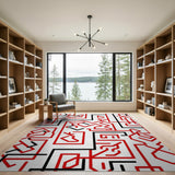 Bold Red Black Geometric Maze Area Rug