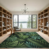Coastal Beach Green Lush Green Monstera and Palm Leaf Area Rug