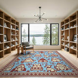 Whimsical Cartoon Cats Snowmen Houses Blue Area Rug