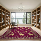 Festive Gold Reindeer Snowflakes Red Area Rug
