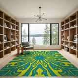 Teal Yellow Swirling Mandala Area Rug