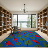 Vibrant Red Cardinals and Pine Branches Blue Pattern Rug