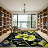 Vibrant Yellow Hibiscus Floral Area Rug on Black
