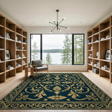 Elegant Navy Blue Gold Ornate Area Rug