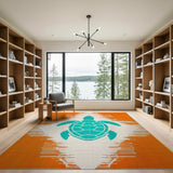 Teal Sea Turtle on Orange Coastal Area Rug
