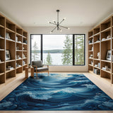 ODIKA Artistic Great Wave Blue Washable Rug - Low Pile Non-Slip Area Rug