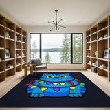 Playful Blue Cartoon Cat with Colorful Heart Lights Rug