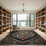 Ornate Ivory Swirl Floral Navy Area Rug