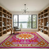 Pink Sunburst Daisy Area Rug with Ornate Floral Borders