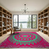 Vibrant Pink Green Mandala Geometric Area Rug