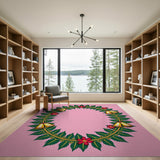 Pink Holly Wreath Poinsettia Bells Area Rug