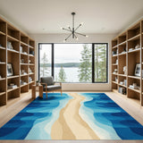 Blue and Teal Coastal Wave Beige Area Rug