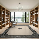 Ornate Beige Area Rug with Black Frame