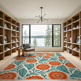 Vibrant Orange Dahlia Teal Leaf Area Rug
