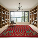 Vibrant Red Persian Area Rug with Teal Motifs