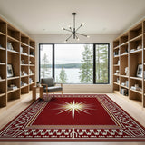 ODIKA Washable Low Pile Area Rug - Deep Red Sunburst Vintage Geometric Non-Slip Rug