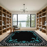 Ornate Teal Floral Butterfly Border Rug