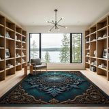 Ornate Teal Gold Baroque Area Rug