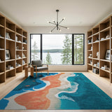 Teal Ocean Waves Sandy Beach Fish Area Rug
