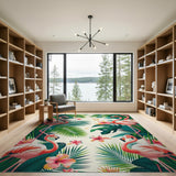 ODIKA Tropical Flamingo Floral Washable Area Rug - Low Pile Non-Slip