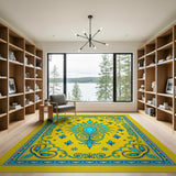 Vibrant Yellow Persian Medallion Rug with Blue Motifs