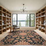 Elegant Gold Floral Damask Black Area Rug