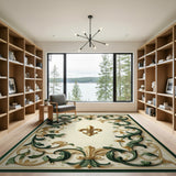 ODIKA French Fleur-de-lis Gold & Green Washable Area Rug - Low Pile, Non-Slip, Pet Friendly