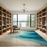 Washable Coastal Ocean Wave Area Rug - Blue Beach Starfish, Low Pile & Non-Slip
