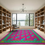 Hot Pink Om Swirl Area Rug with Teal Gold Border