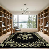 Elegant Black Gold Ornate Mandala Rug
