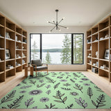 Mint Green Floral Leaf Sketch Area Rug