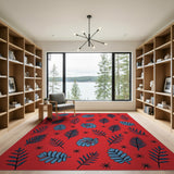 Vibrant Red Blue Leaf Star Pattern Area Rug