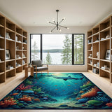 ODIKA Shark Underwater World Washable Area Rug, Non-Slip Low Pile Kids Playroom Carpet