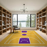 Yellow Basketball Court Area Rug with Purple Hoops