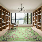 Pink Cherry Blossom Floral Area Rug on Light Green