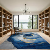 Abstract Navy Blue Swirl Area Rug with Gold Accents