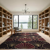 Art Deco Scallop Shell Area Rug in Maroon Gold