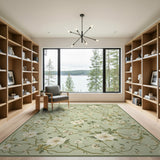 ODIKA Sage Green Botanical Floral Washable Area Rug - Low Pile Non-Slip